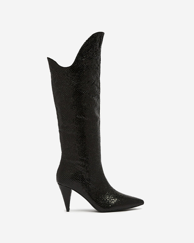 Black women's high-heel boots with embossing Elivea- Footwear