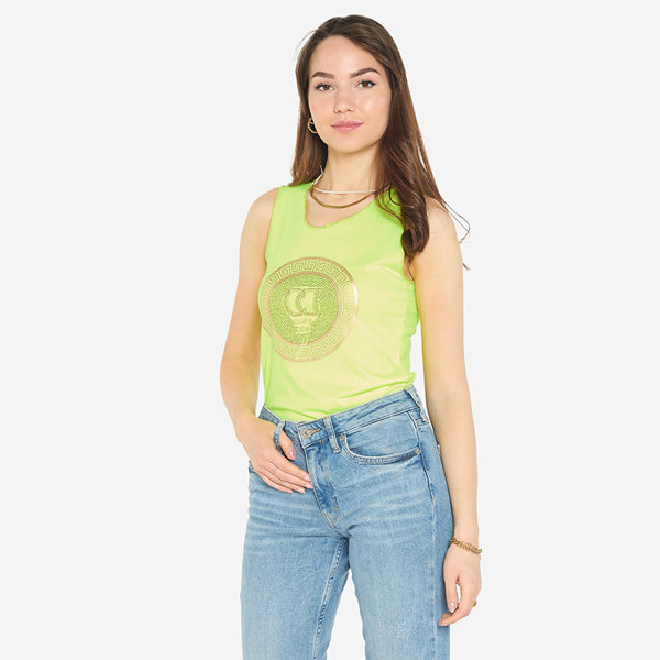 Yellow neon blouse on straps with print and cubic zirconia - Clothing