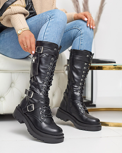 Black worker boots with decorative stripes on the upper. Imielin - Footwear