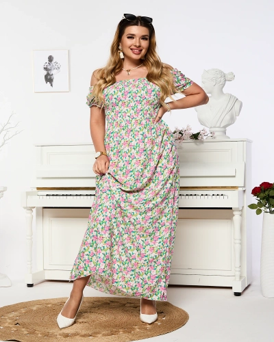 Women's white and pink maxi dress with floral print - Clothing