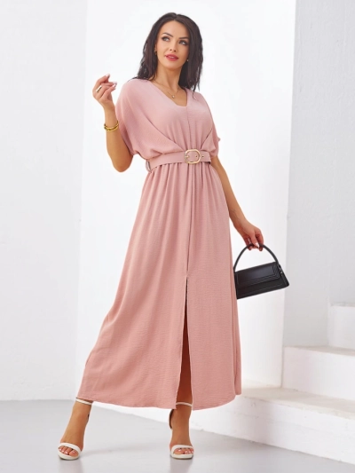 Royalfashion Women's midi dress with short sleeves, V-neck, and slit in the middle