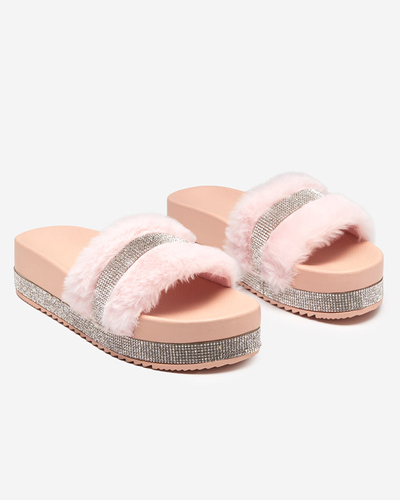 Pink women's slippers with fur and cubic zirconia Zerika - Footwear