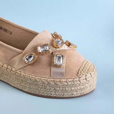 OUTLET Bēšas sieviešu platformas espadrilas ar kristāliem Erilla - Apavi