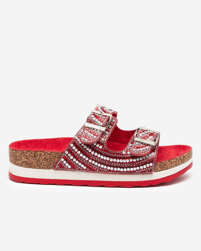 Women's slippers with cubic zirconia in red Lalud-Shoes