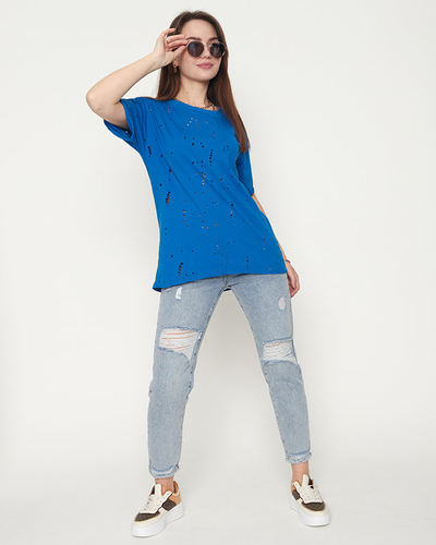 Cobalt cotton women's t-shirt with decorative holes - Clothing