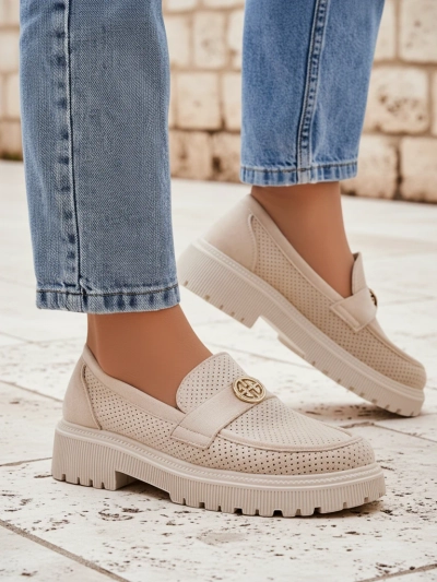 Callista beige women's loafers made of eco-suede on a 4 cm flat sole