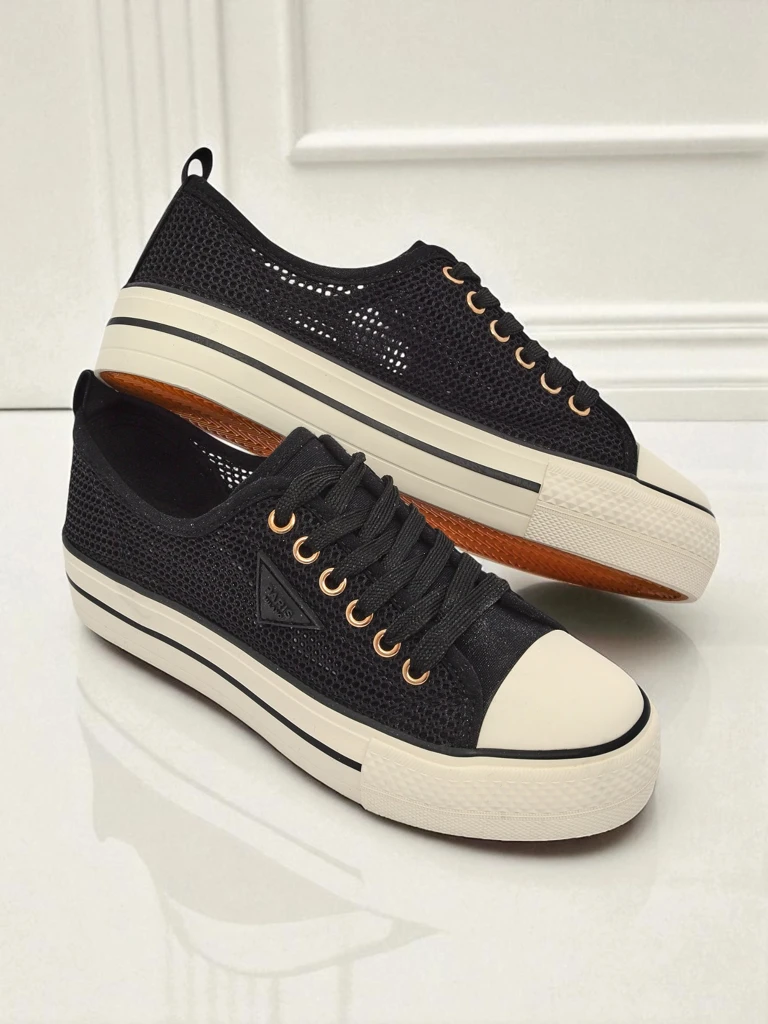 Melania Nero – damskie trampki z tkaniny mesh na płaskiej podeszwie 3cm