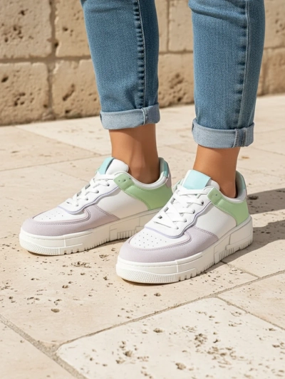 Lycaste beige women's sneakers made of ecological leather with a flat sole