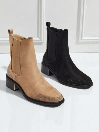 Women's Eco Suede Ankle Boots Decorated with Rhinestones TangleMist