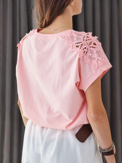 Royalfashion Women's Cotton T-shirt with Lace Sleeves