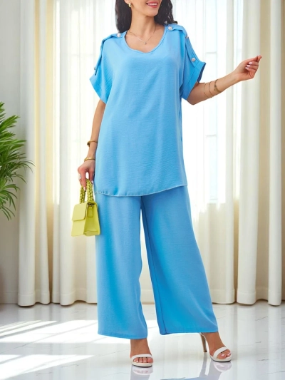 Royalfashion Women's cotton set with short sleeves and wide pants