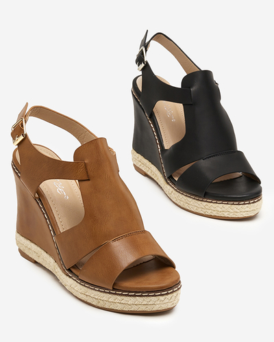 OUTLET Light brown women's sandals on a high wedge heel Clack - Footwear