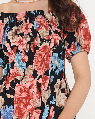 Melna sieviešu minikleita ar ziediem ar atvērtu muguru - Apģērbs