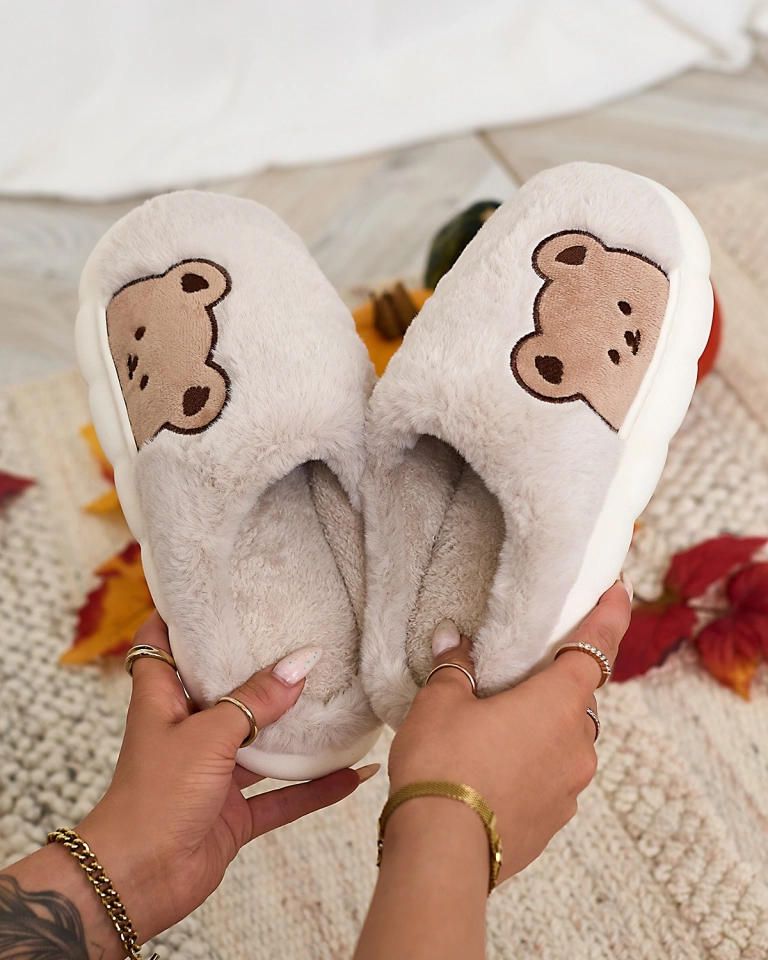 Royalfashion Women's fur slippers with teddy bear in light gray Fetemes