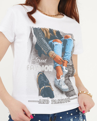 White women's T-shirt with print - Clothing