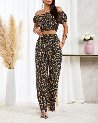 Royalfashion Черный женский цветочный комплект из двух частей