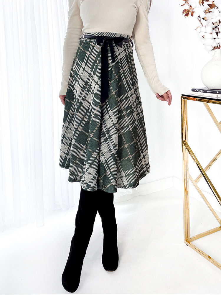 Royalfashion Green-gray women's checkered midi skirt