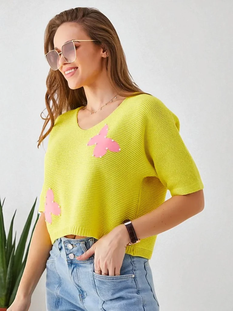 Royalfashion Cotton women's short sweater with butterflies