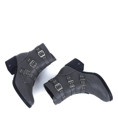 Gray boots on a low post with decorative buckles Aline - Footwear