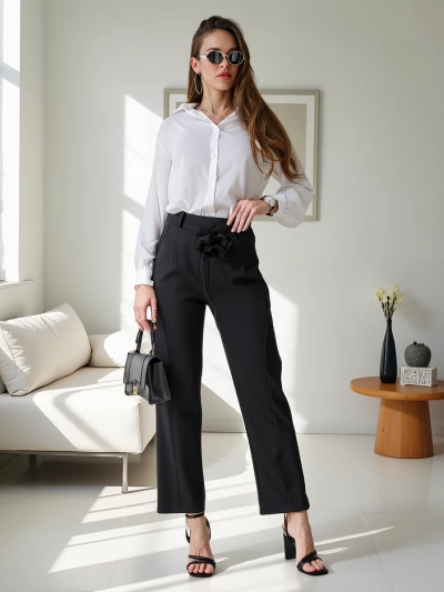 Royalfashion Viscose straight women's trousers with a flower
