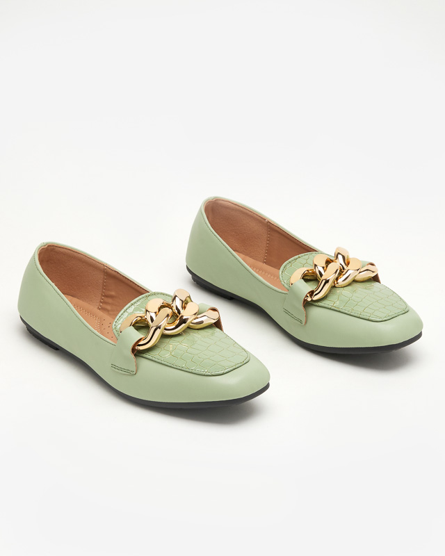 OUTLET Green eco-leather women's loafers with a chain Flamii - Shoes