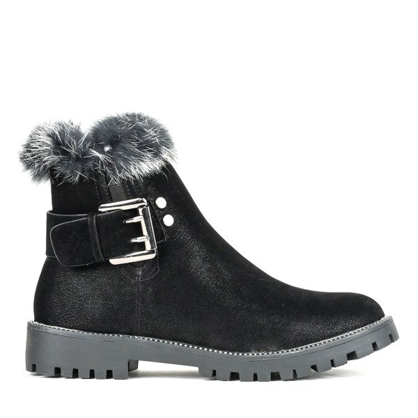 Czarne botki na płaskim obcasie z futerkiem Dalia - Obuwie