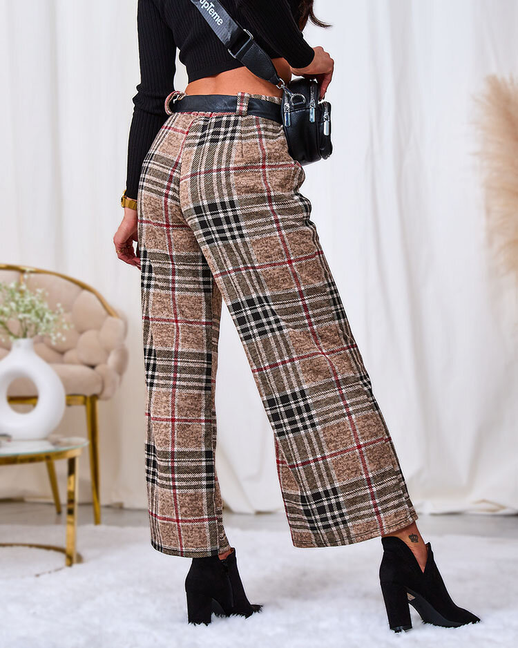 Royalfashion Бежевые женские широкие клетчатые брюки