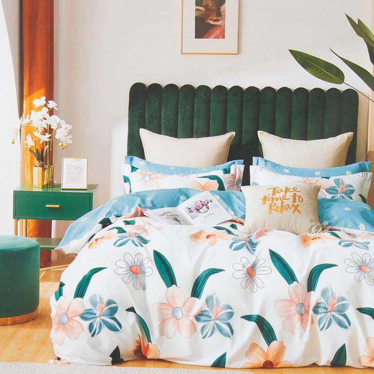 Бело-зеленое постельное белье из хлопка 200х220, комплект из 4-х частей