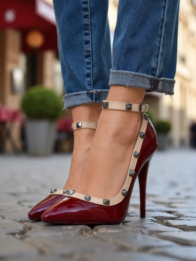 Royalfashion patent ādas sieviešu stiletto papēži ar kniedēm Qoscalle