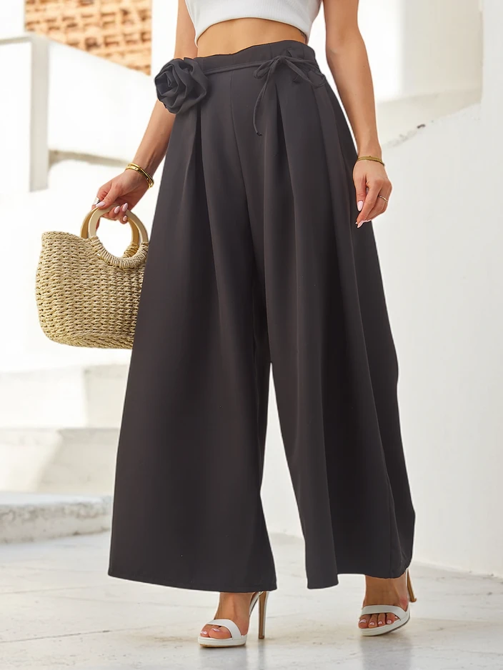 Royalfashion Элегантные широкие женские брюки с декоративным цветком на поясе