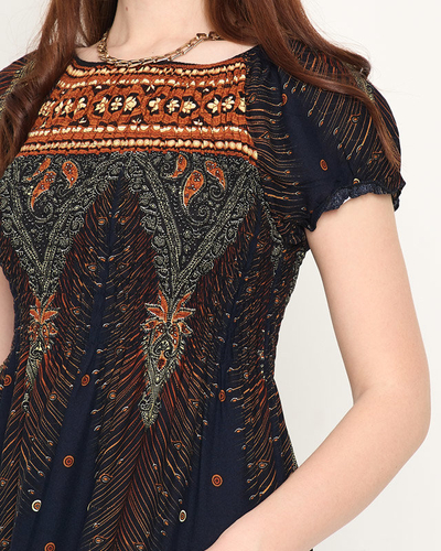 Patterned navy blue women's maxi dress - Clothing