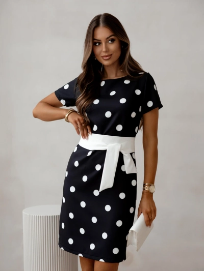 Royalfashion Women's knee-length dress with short sleeves and polka dot tie