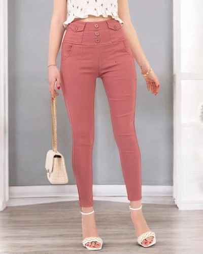 Women's pink treggings with buttons - Clothing