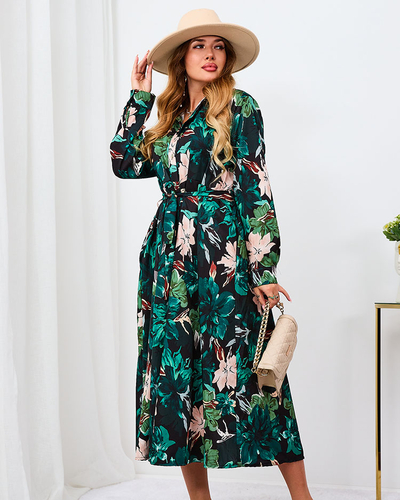 Royalfashion Melnā un zaļā rakstainā sieviešu maxi kleita