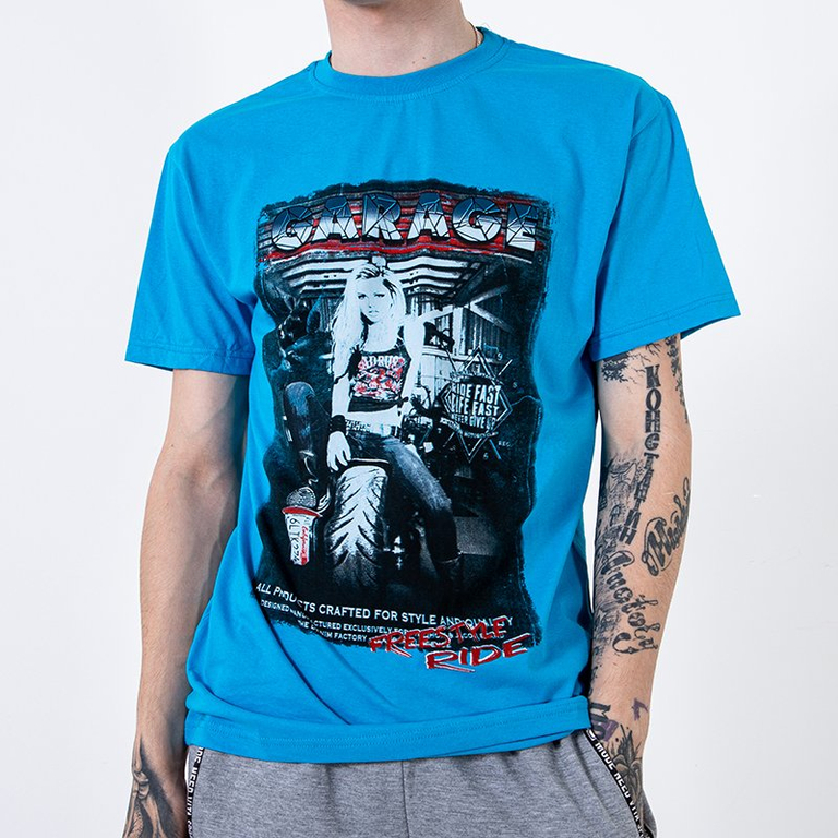 Light blue cotton men's t-shirt with print and inscription - Clothing