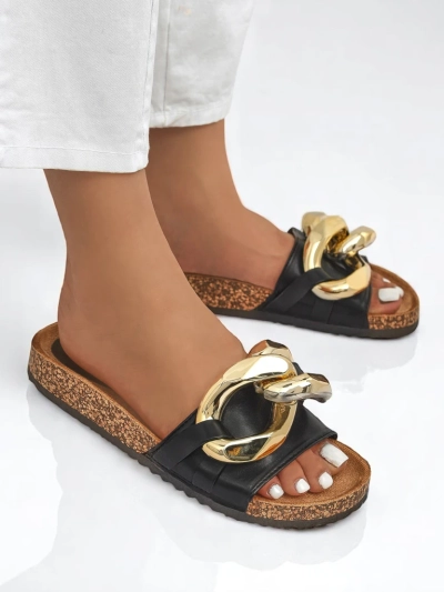 Ariadne Royalfashion summer slippers with a large gold chain, black leather