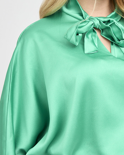 Women's green long satin blouse with binding - Clothing