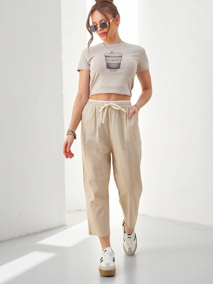 Royalfashion kokvilnas plašās bikses sievietēm ar jostu