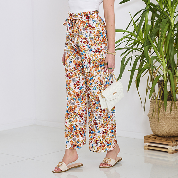 Women's white palazzo pants with orange flowers- Clothing