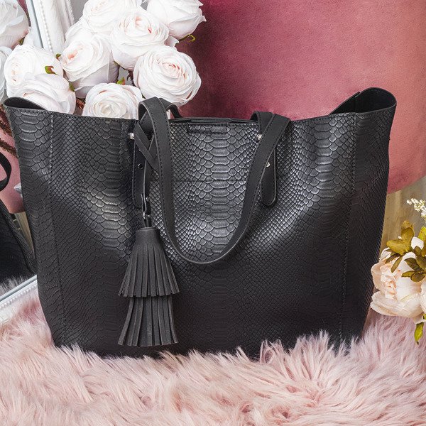 Czarna torebka na ramię z motywem zwierzęcym - Torebki