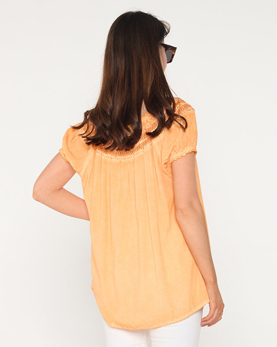 Оранжевая женская хлопковая блузка с ажурной вставкой - Одежда
