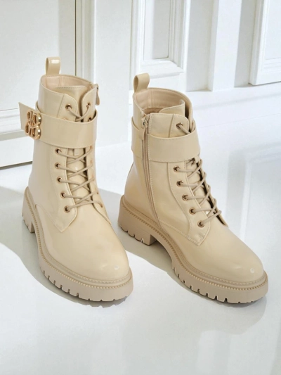 Beige Ariadne eco-leather ankle boots with a zipper, round toe, stylish