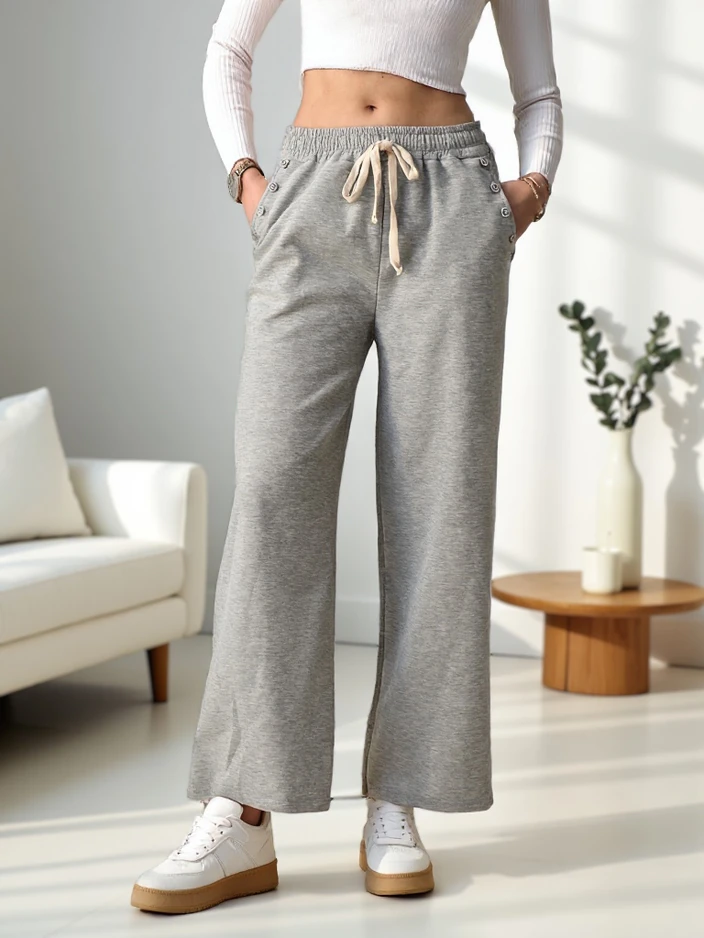 Royalfashion Women's Wide Woven Sweatpants with Zirconia