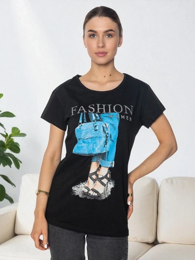 T-shirt Venus Nero – Bawełniana koszulka z nadrukiem, okrągły dekolt, czarna