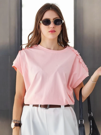 Royalfashion Women's Cotton T-shirt with Lace Sleeves