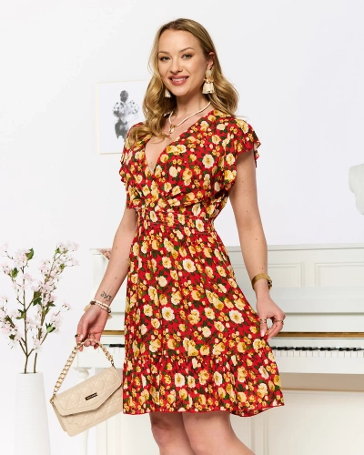 Red and yellow short women's print dress - Clothing