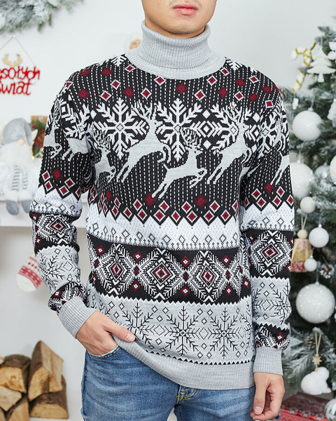 Royalfashion Ziemassvētku vīriešu džemperis ar augstu apkakli pelēkā krāsā