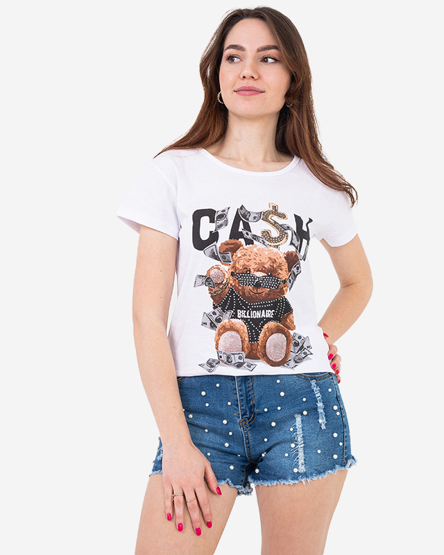 White women's t-shirt with a teddy bear print - Clothing