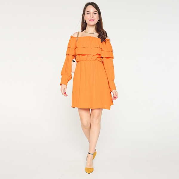 Women's Orange Short Dress with Ruffles- Clothing