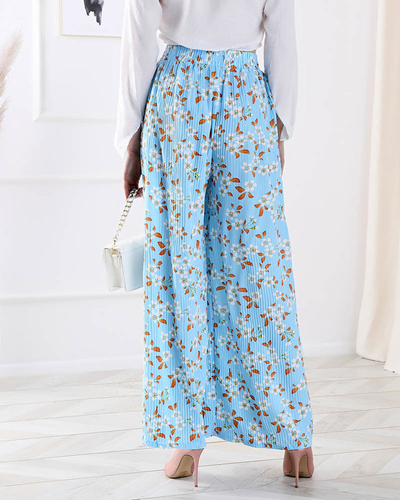 Sieviešu zilas auduma bikses ar ziediem - Apģērbs